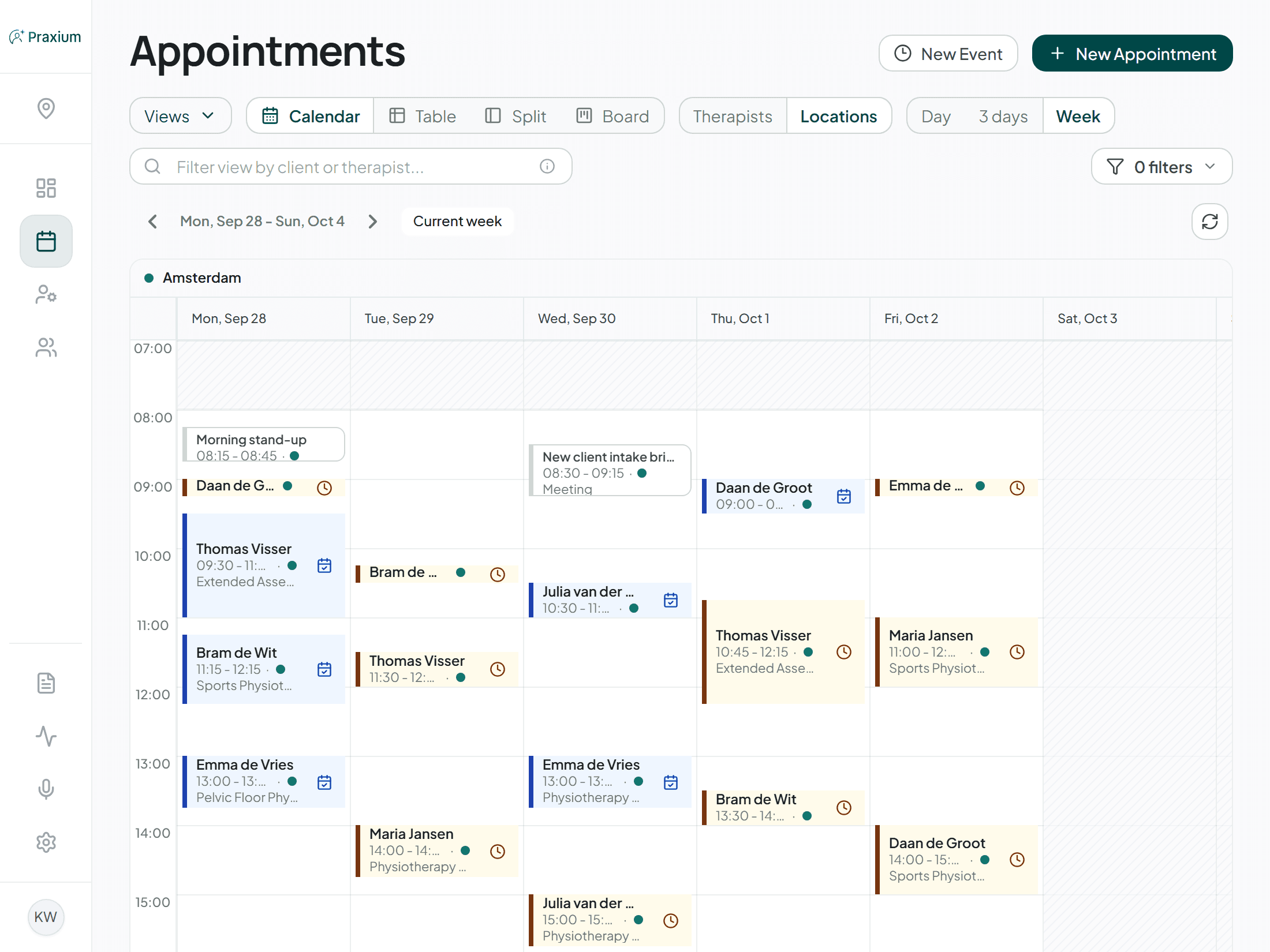 The Praxium appointment book, showing three days of bookings across two therapists