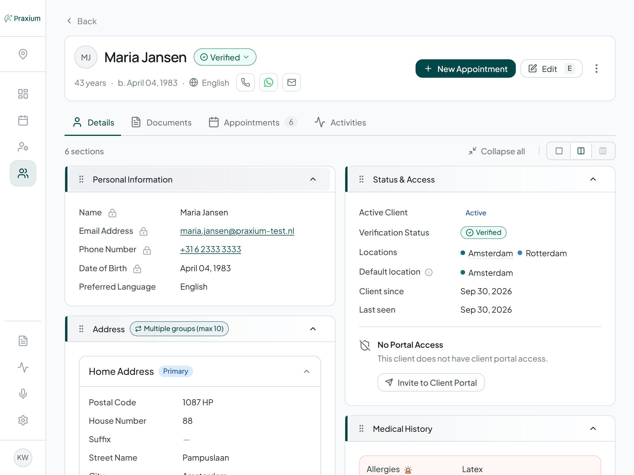 A patient record in Praxium showing seven configurable sections, including personal information, address, medical history and treatment episodes