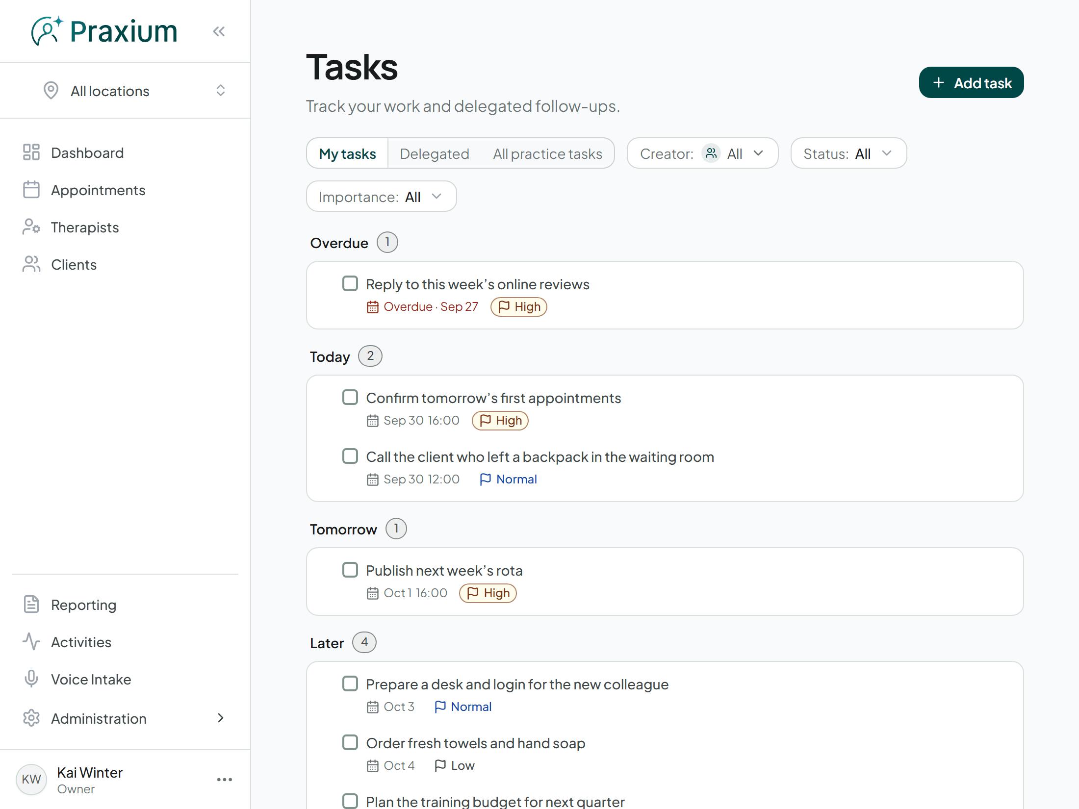 The Praxium tasks page, with overdue, upcoming and completed follow-ups