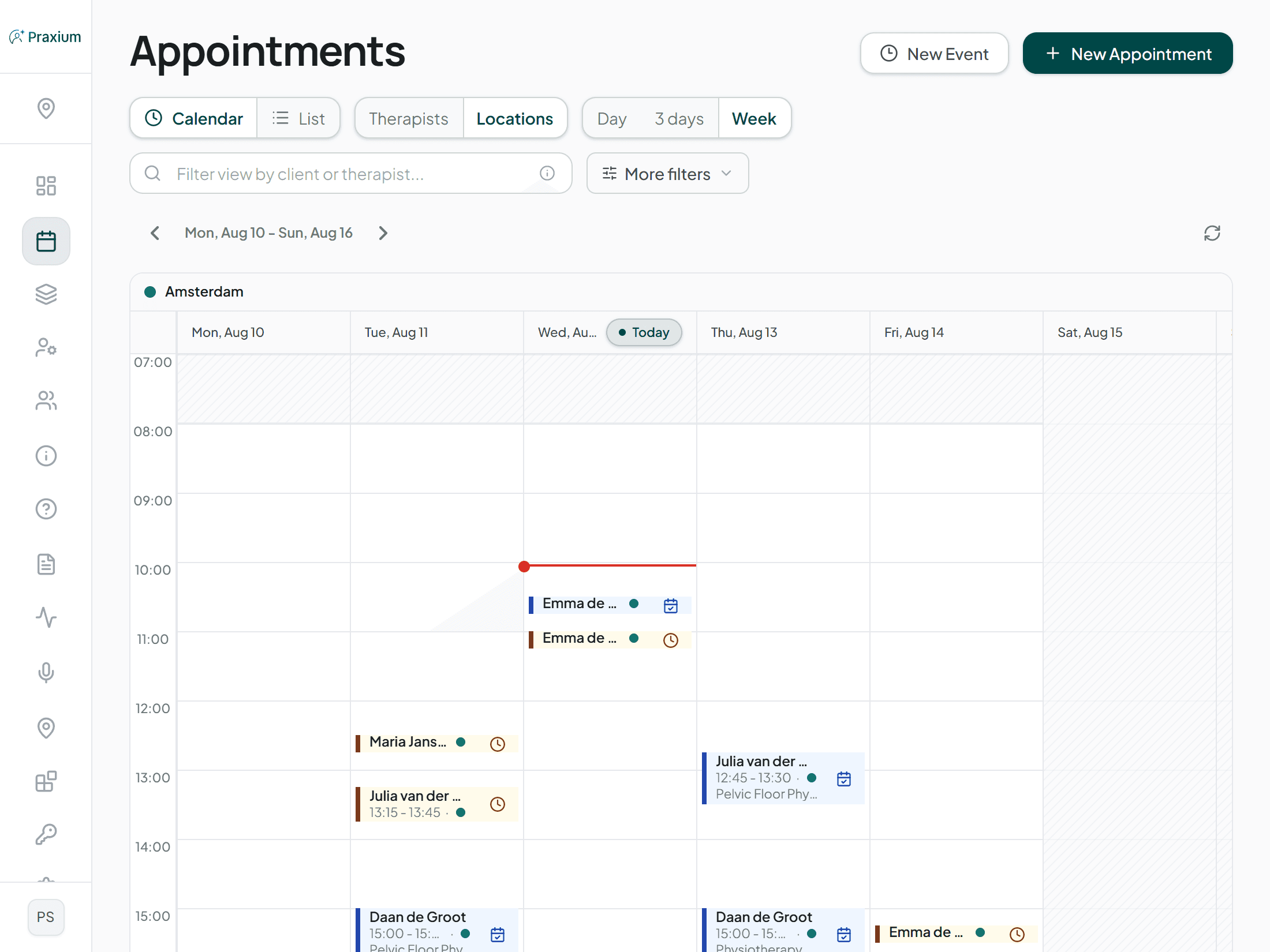 The Praxium appointment book, showing three days of bookings across two therapists