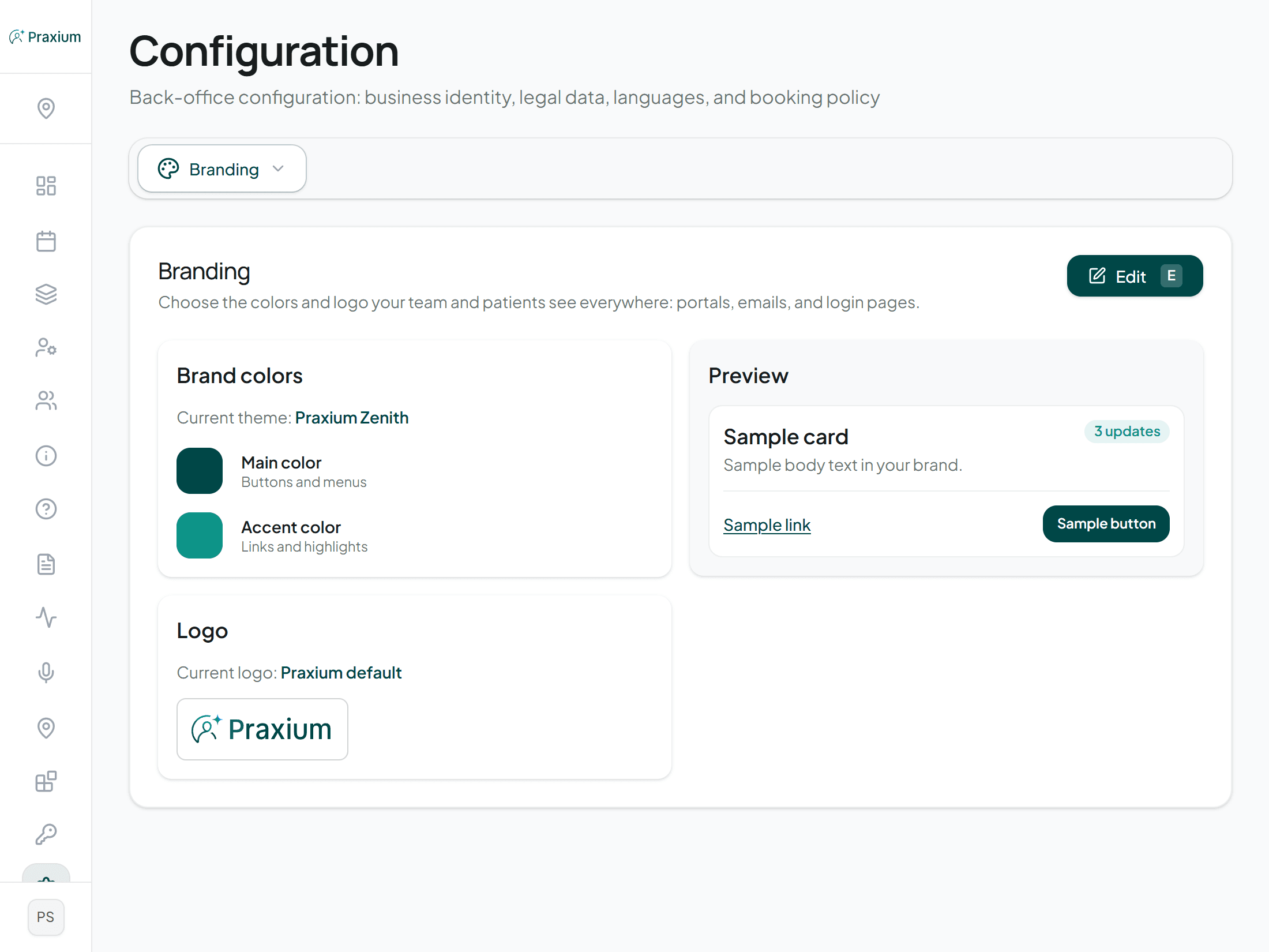 The Praxium configuration page, showing the clinic's brand colours, logo and languages