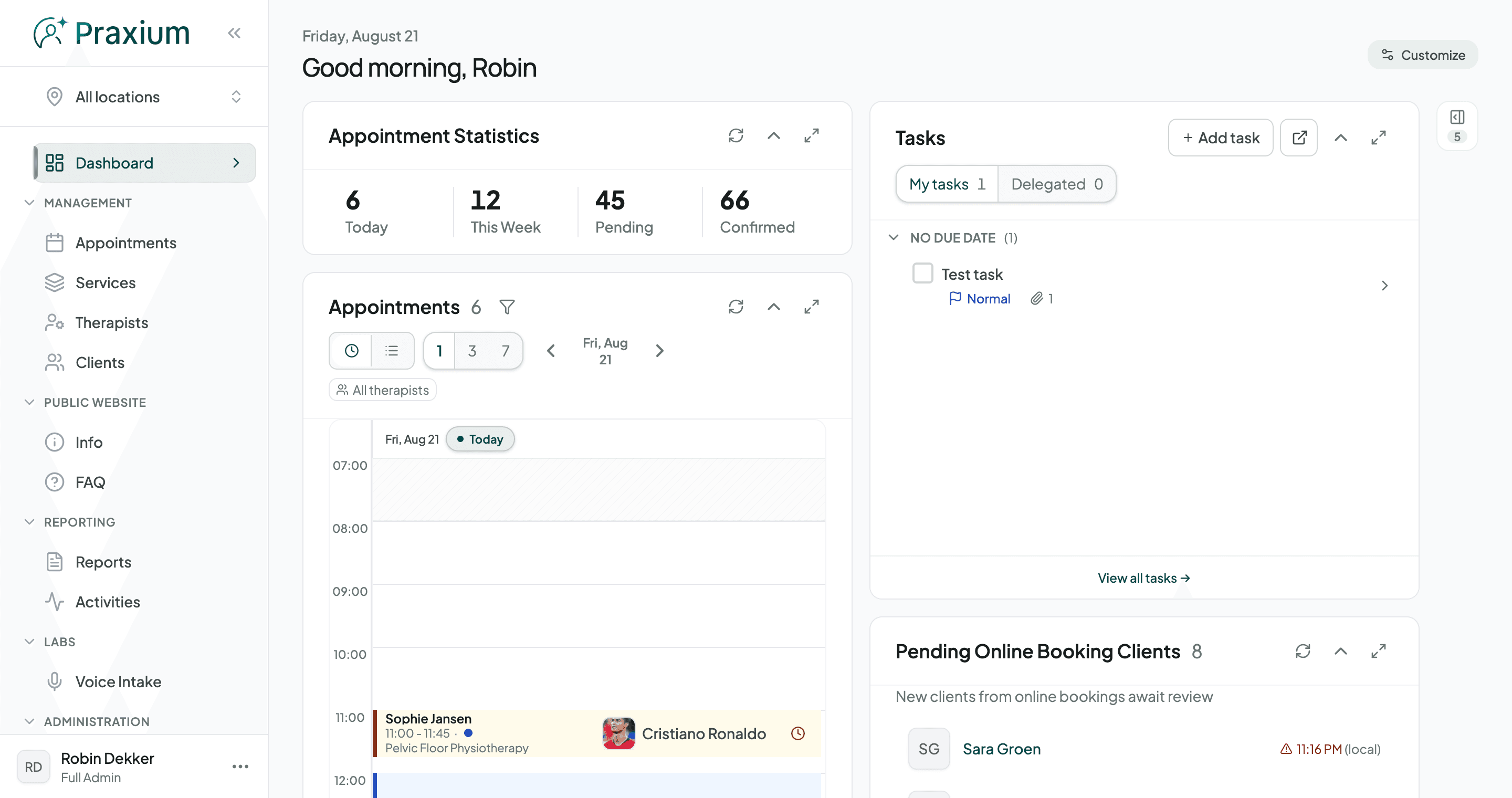 The Praxium dashboard for a clinic, showing the day's overview