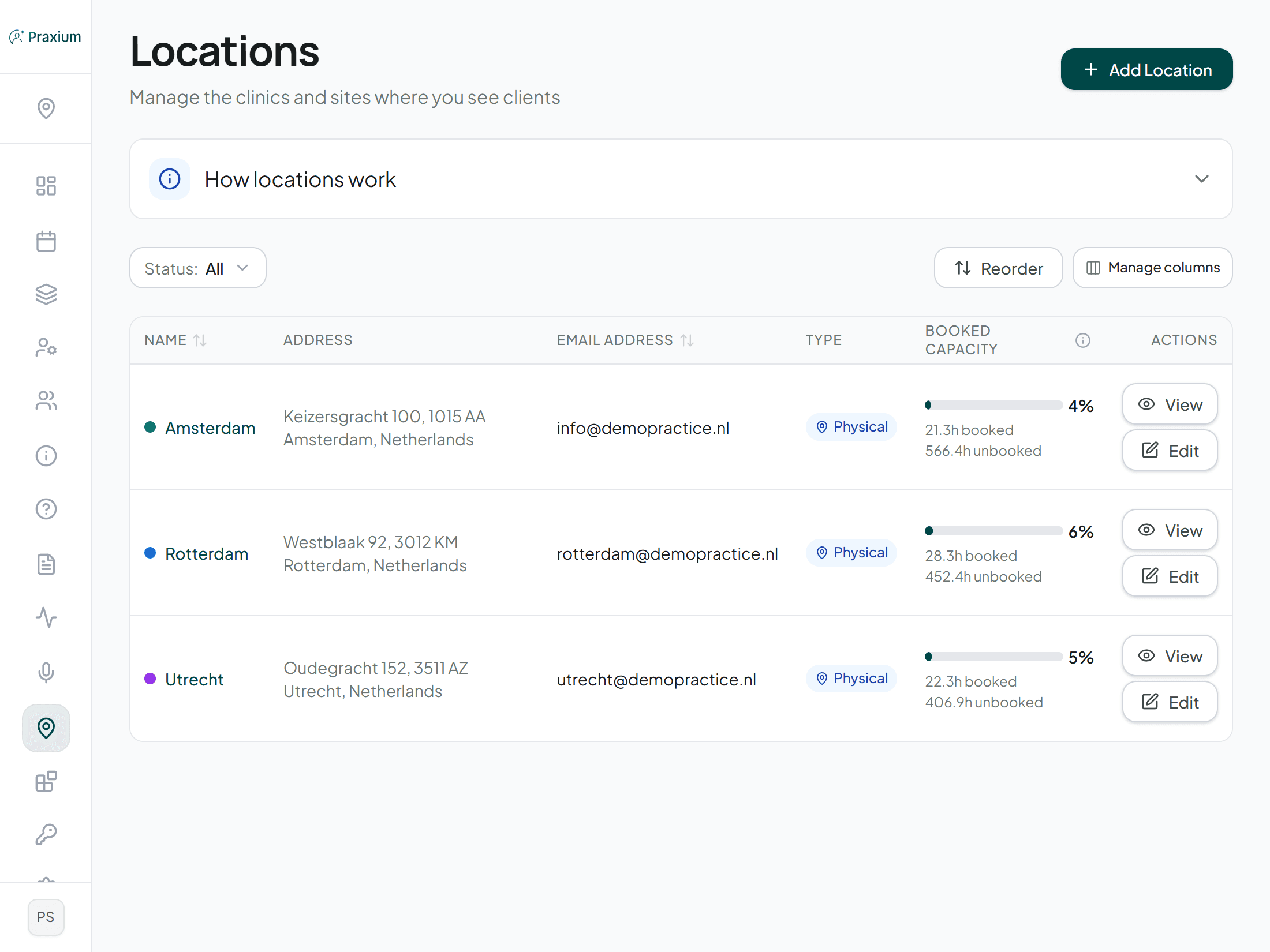 The Praxium locations page, listing three clinic sites with their contact details and booked capacity