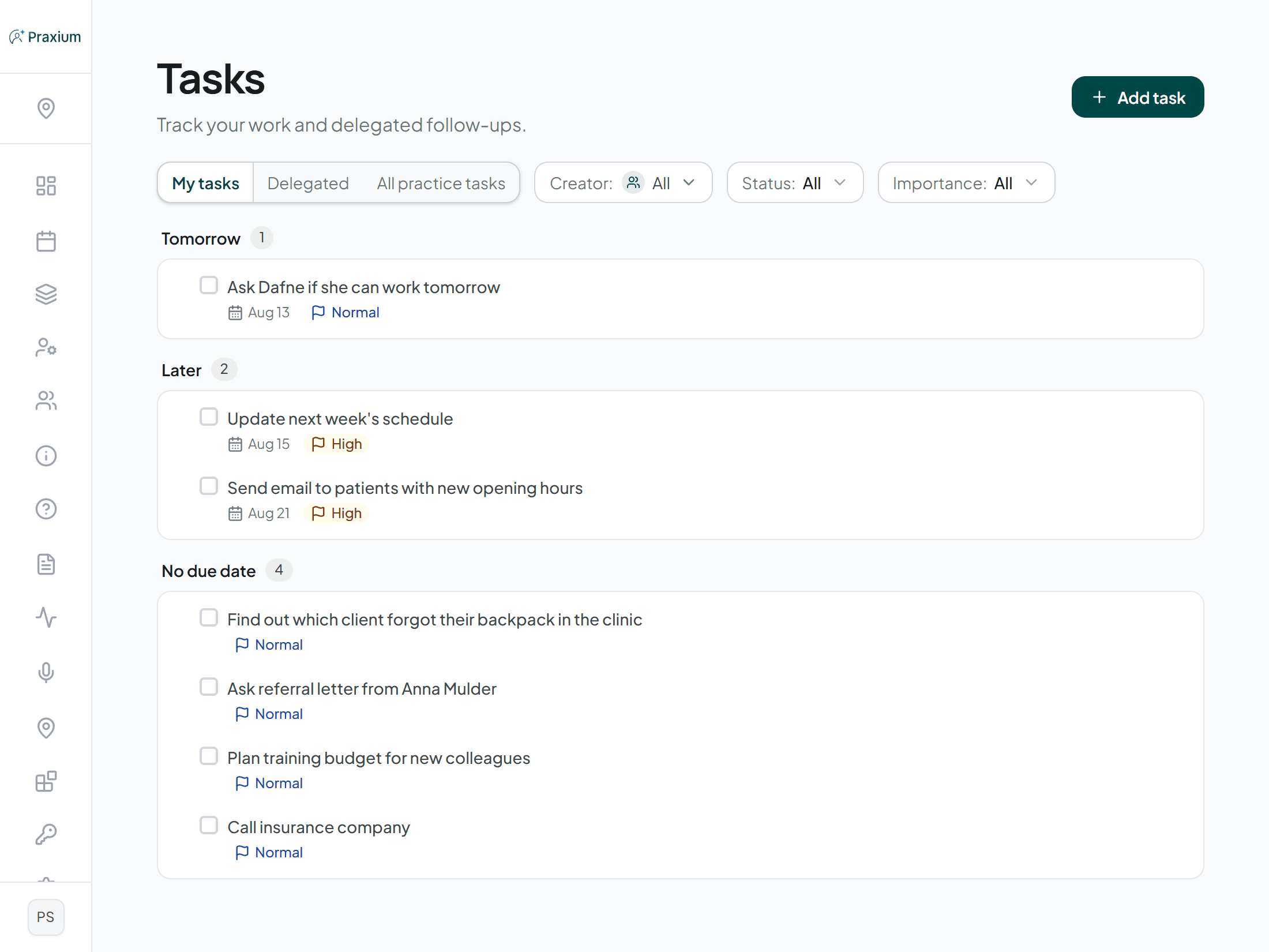 The Praxium tasks page, with overdue, upcoming and completed follow-ups