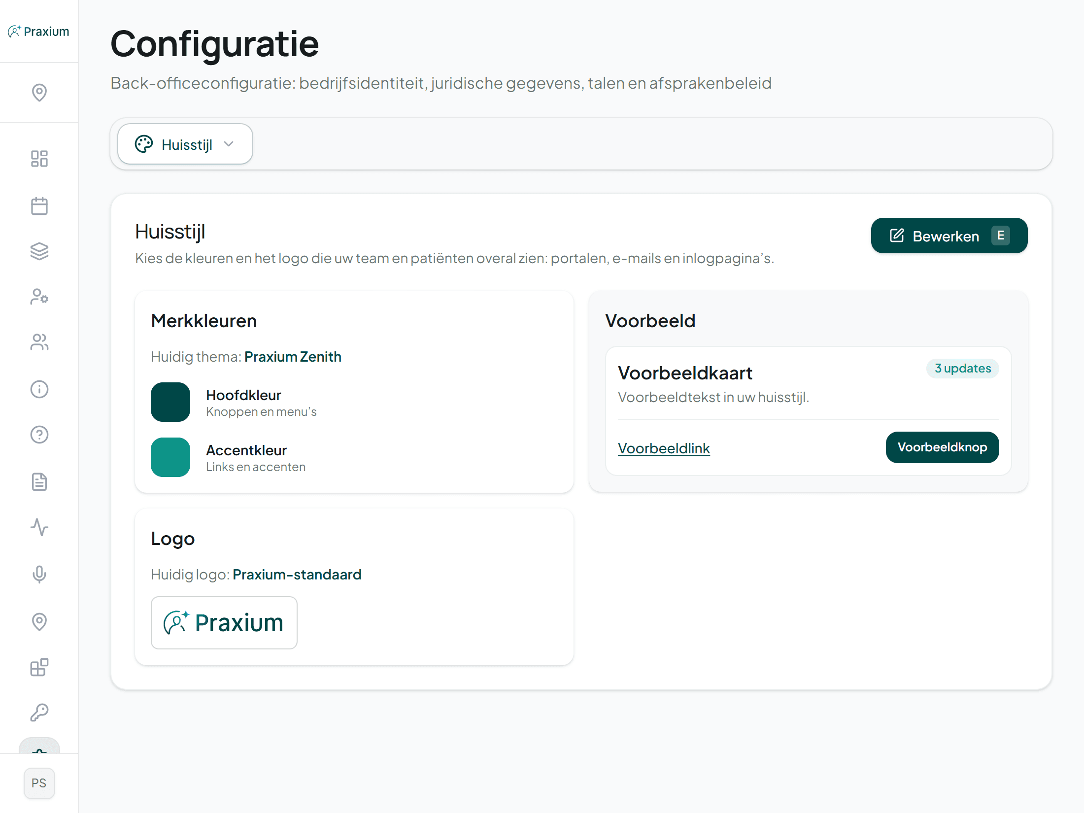 De configuratiepagina van Praxium, met de merkkleuren, het logo en de talen van de kliniek
