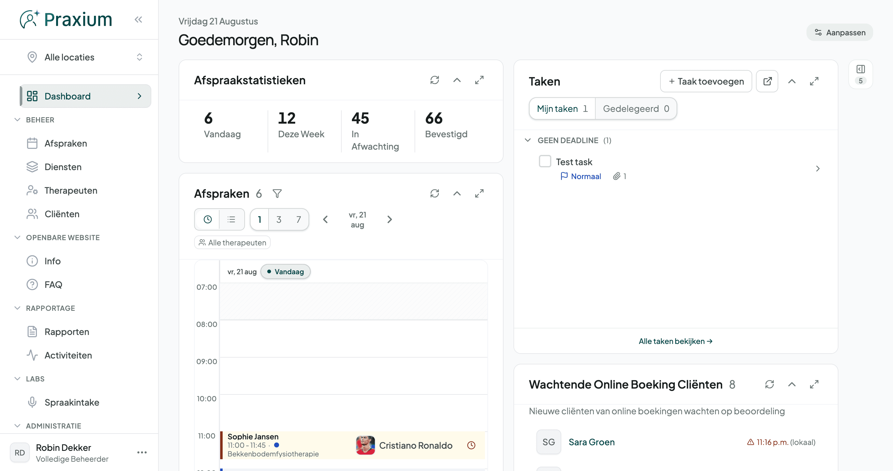 Het Praxium-dashboard van een kliniek, met het overzicht van de dag