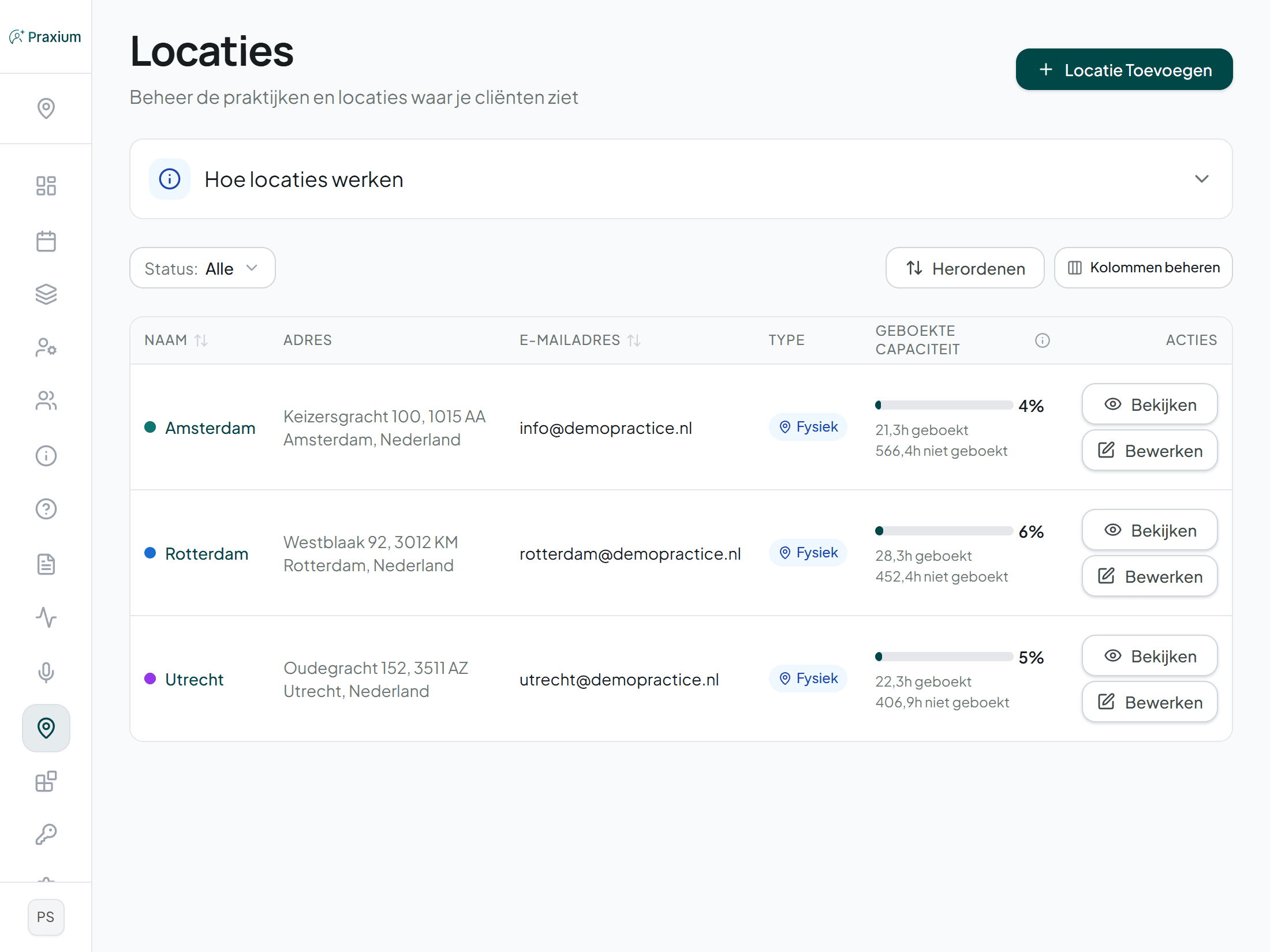 De locatiepagina van Praxium met drie vestigingen, hun contactgegevens en hun bezetting
