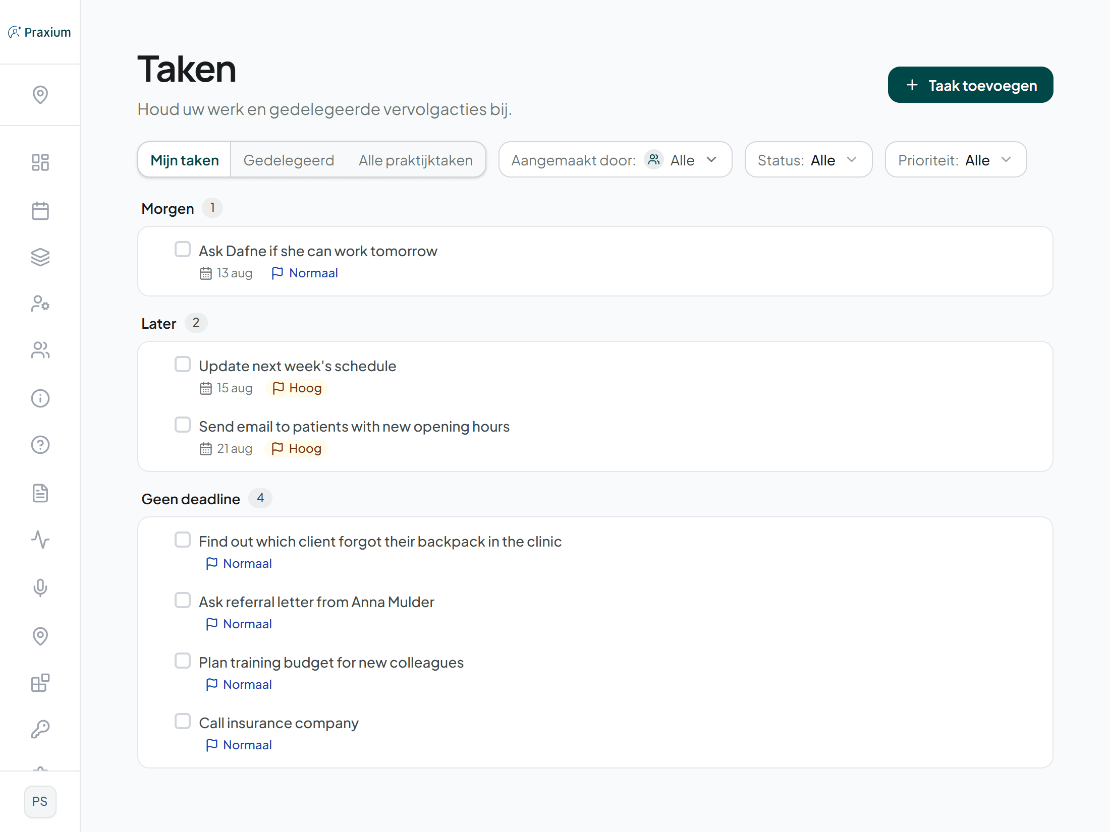 De takenpagina van Praxium, met achterstallige, komende en afgeronde opvolging